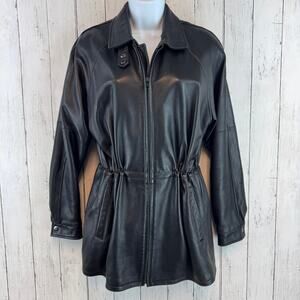 VTG Barcelino Black Full-Zip Cinch Waist Snap Collar Leather Jacket USA Size XS